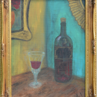 Fles Wijn en Glas in Goudkleurige Lijst